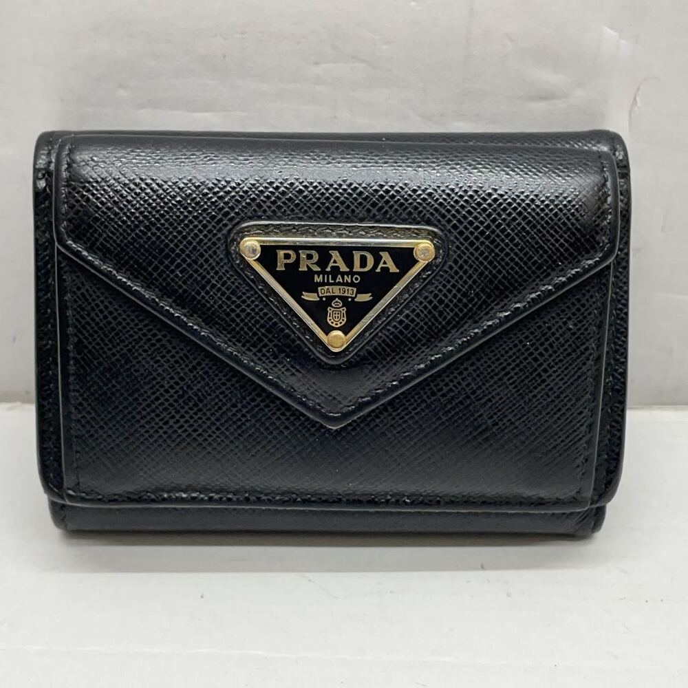 Prada Saffiano Triangle Trifold Wallet Card Cowhide Leather Black
